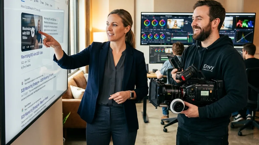 A professional B2B marketing manager pointing at a large wall display showing Google Search video rich snippets next to a filmmaker holding a cinema camera inside a modern studio.