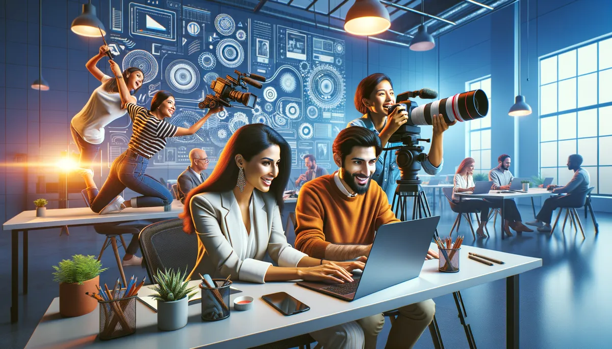 A vibrant, modern office setting filled with people working energetically. In the foreground, a man and woman are smiling while collaborating on a laptop. Around them, a dynamic atmosphere showcases professionals with cameras enthusiastically capturing moments. The background features other individuals engaged in their tasks, seated at tables with laptops. The room is brightly lit with large windows and digital schematics projected on the walls, creating a futuristic and creative environment.