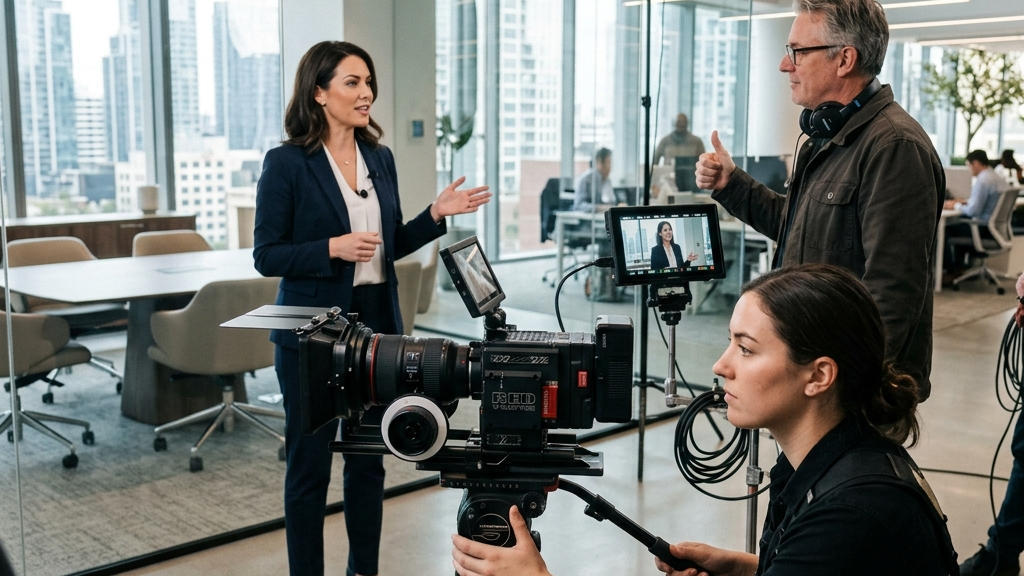 A professional cinema camera on a modern corporate set during a video shoot, with a female executive speaking in the background and a creative director monitoring the production.