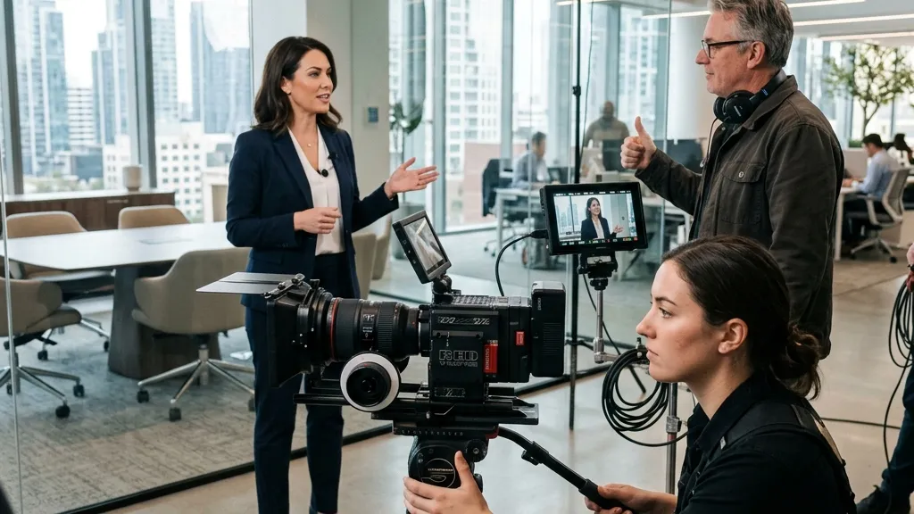 A professional cinema camera on a modern corporate set during a video shoot, with a female executive speaking in the background and a creative director monitoring the production.