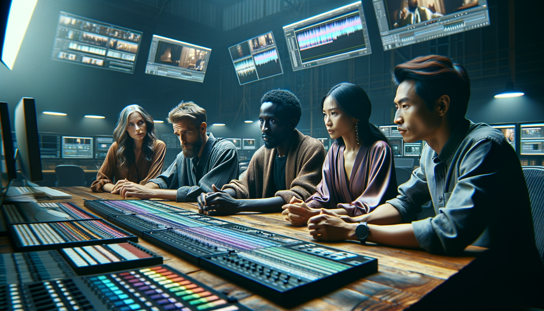 Create a cinematic, high-quality blog featured image. In the foreground, show a group of diverse people - a Caucasian woman, a Black man, a South Asian man, and a Middle-Eastern woman - deeply engrossed in a discussion around a wooden table filled with video editing equipments. The location is a professional video editing studio with huge monitors displaying various video frames and sound waveforms. Convey the seriousness and professionalism of their work. The entire scene should be presented in a vivid yet elegant color palette, creating a visually engaging and unique atmosphere, perfect for a blog header.
