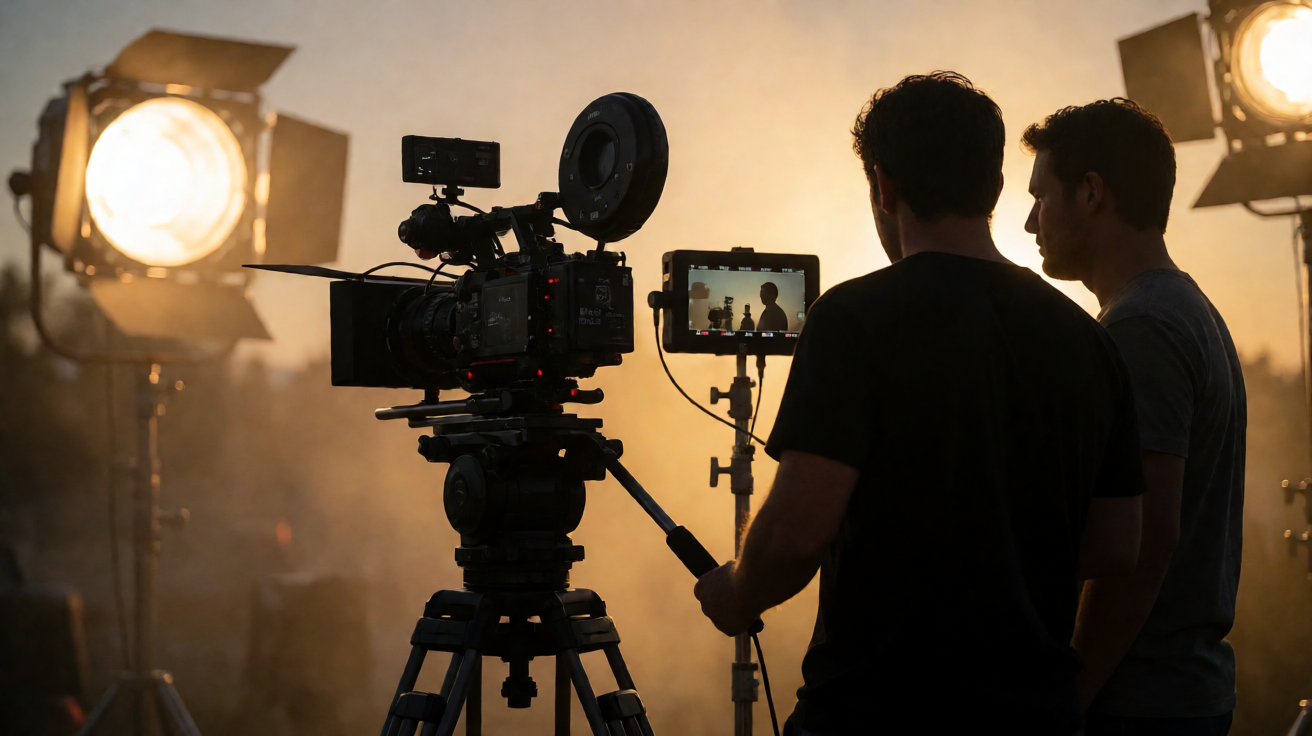 A film crew silhouetted at golden hour around a professional cinema camera on a set with glowing production lights.