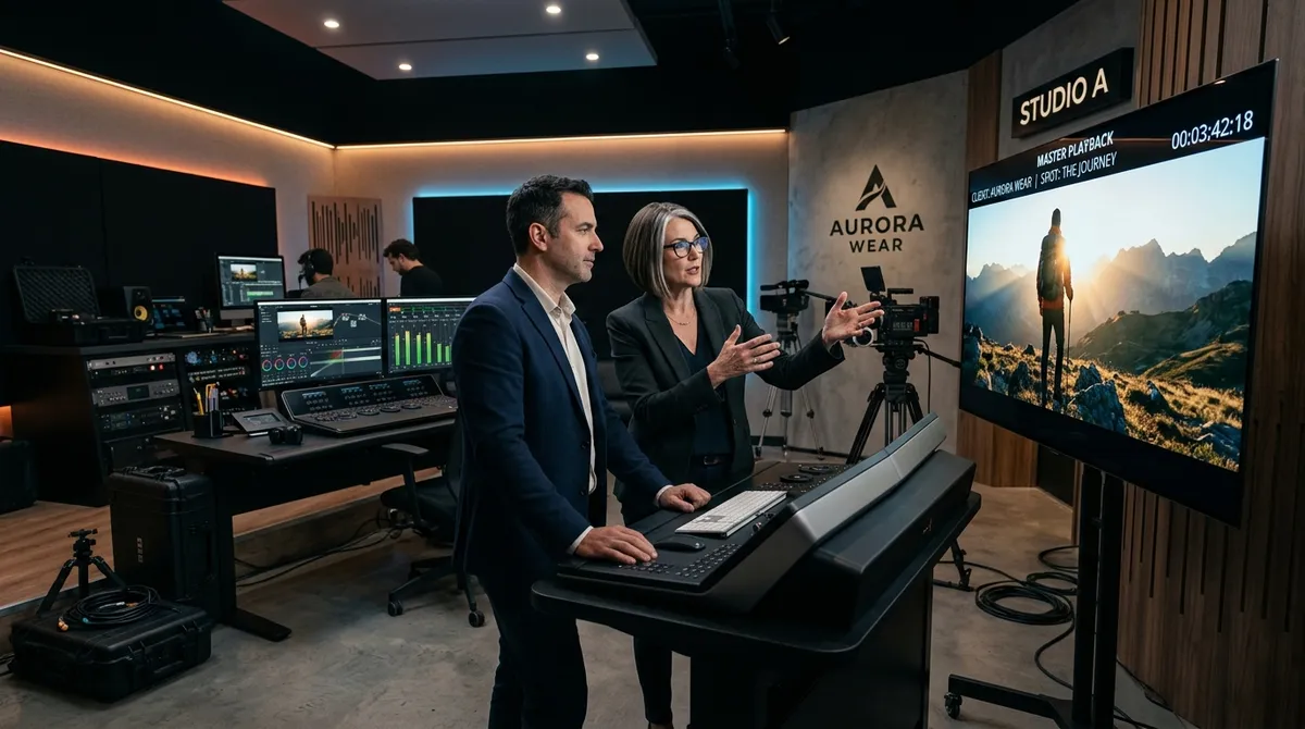 Envy Creative director reviewing a cinematic video campaign cut on studio monitors with a corporate marketing executive.