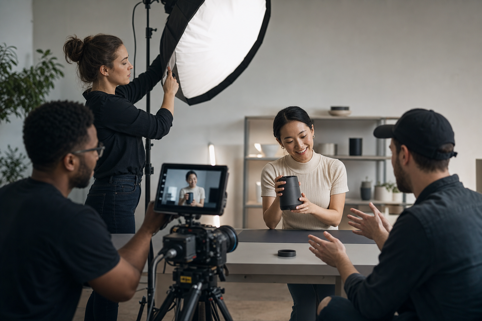 Diverse video production team filming a product demo in a modern studio