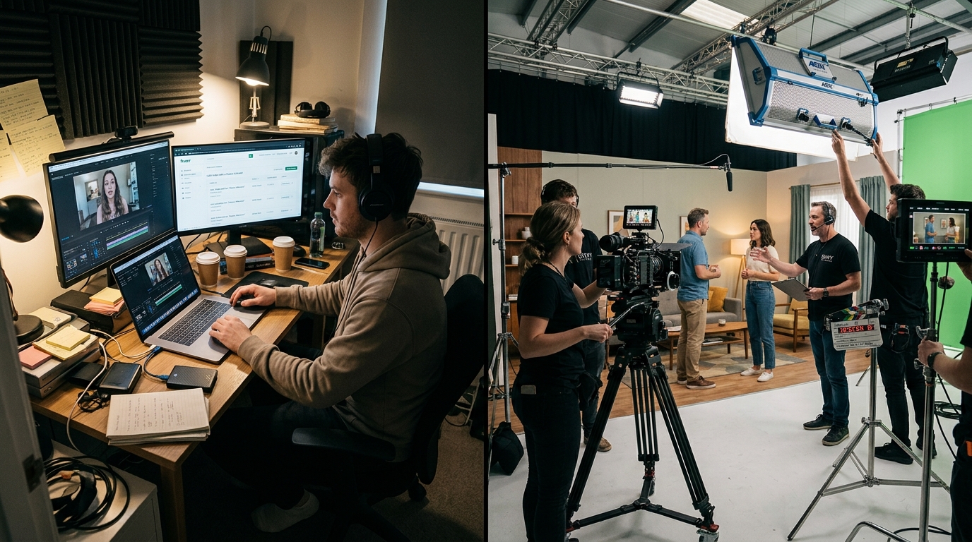Side-by-side comparison of a Fiverr video editor on a laptop and Envy Creative's full-service commercial video production studio.