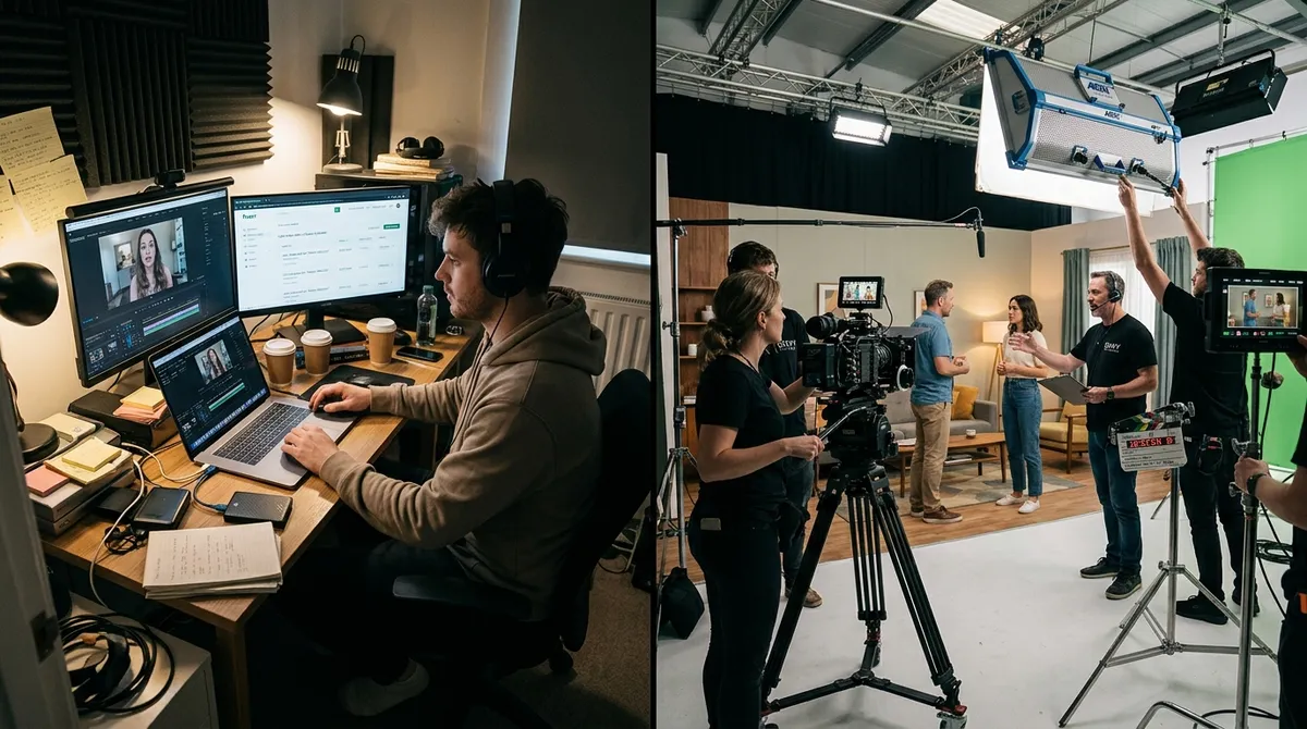 Side-by-side comparison of a Fiverr video editor on a laptop and Envy Creative's full-service commercial video production studio.