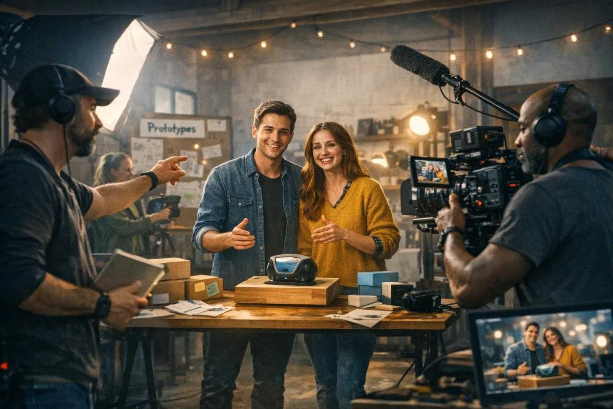 A behind-the-scenes shot of a video shoot in a creative workshop with a smiling couple standing behind a table with a sleek electronic device, surrounded by crew members operating cameras and lighting, illuminated by warm string lights.