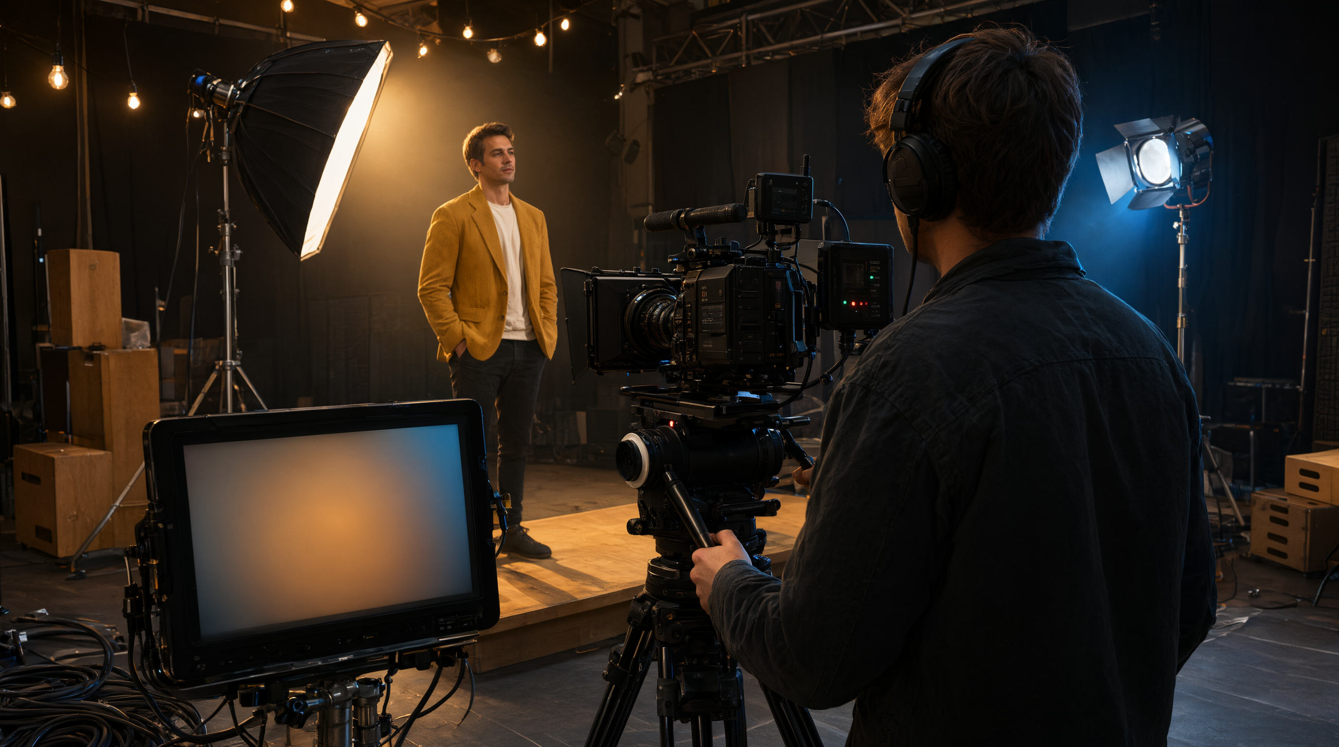 A camera operator films a real actor on a professional commercial video set, showing the human production work AI video cannot replace.
