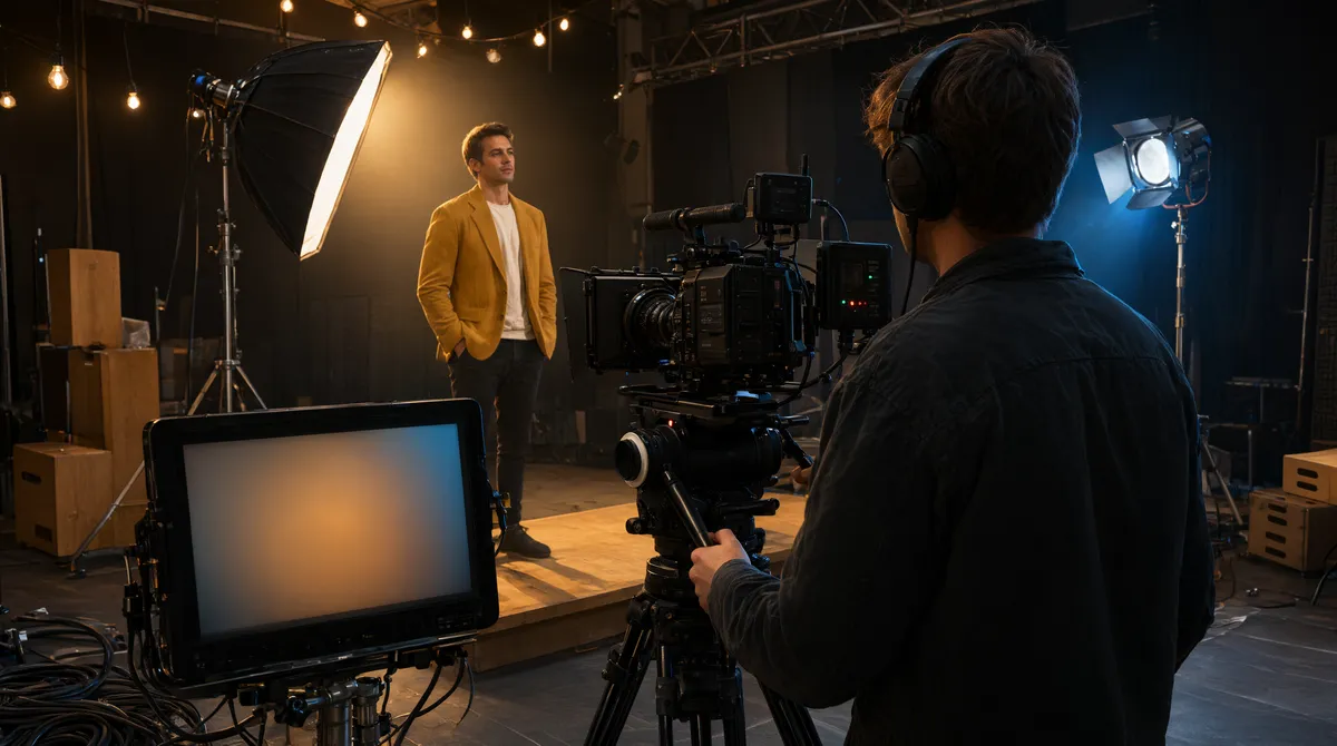 A camera operator films a real actor on a professional commercial video set, showing the human production work AI video cannot replace.