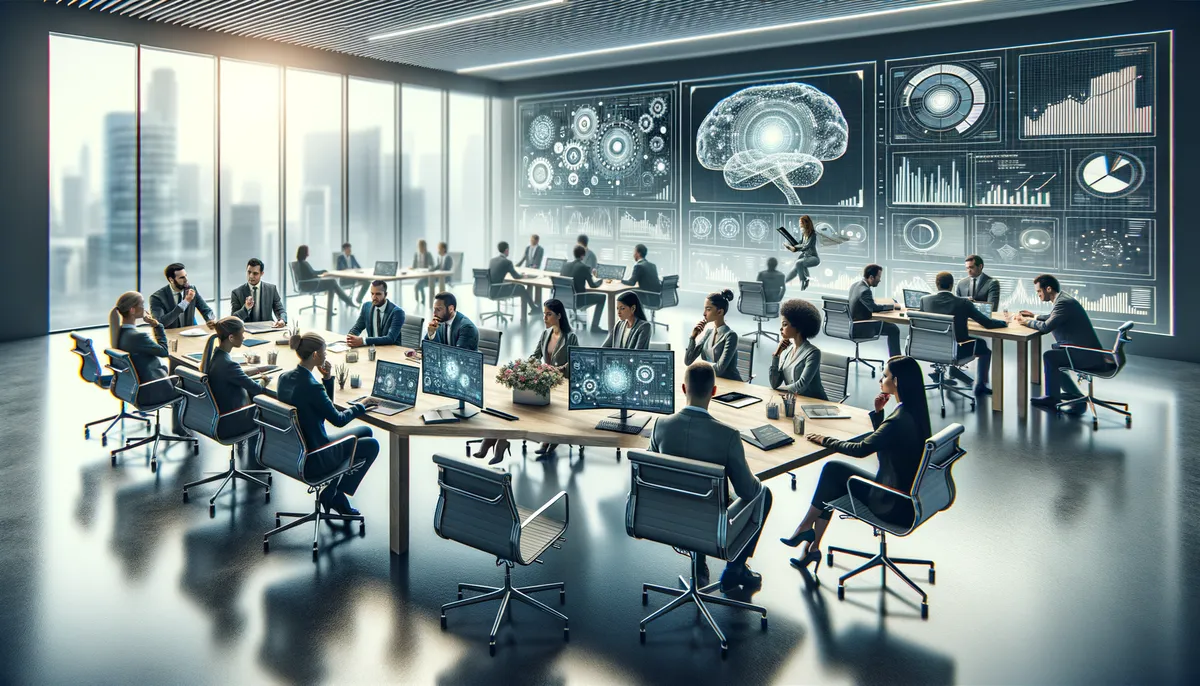 A modern office setting with people sitting around large conference tables, working on computers. The room features floor-to-ceiling windows showcasing a cityscape. Large digital displays are mounted on the wall, showing various data visualizations, including graphs, charts, and a digital brain. The environment is sleek and futuristic, emphasizing technology and collaboration.