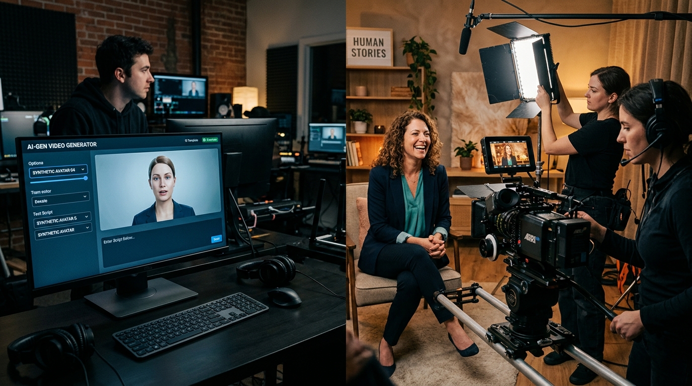Split view comparing a stiff synthetic AI video avatar on a computer monitor with a real video crew filming an authentic business owner on set