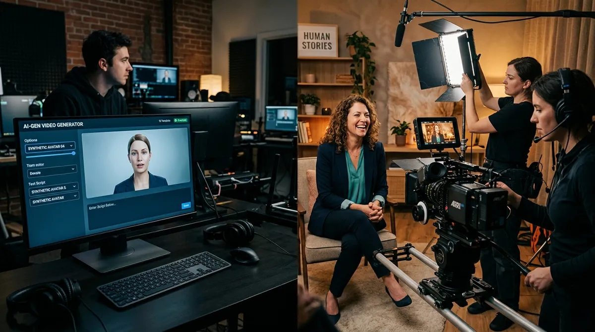 Split view comparing a stiff synthetic AI video avatar on a computer monitor with a real video crew filming an authentic business owner on set