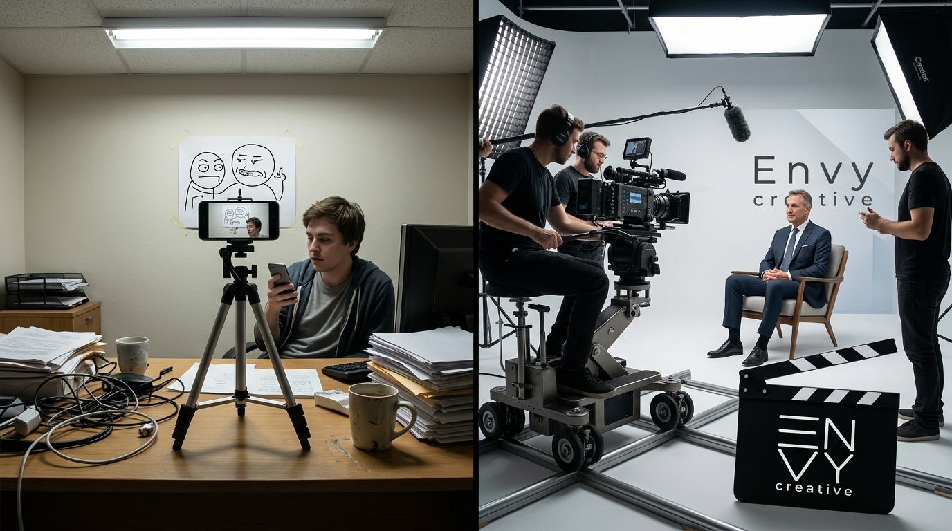 A side-by-side comparison split screen: a low-budget smartphone meme setup on the left and a premium Envy Creative commercial video production set on the right.