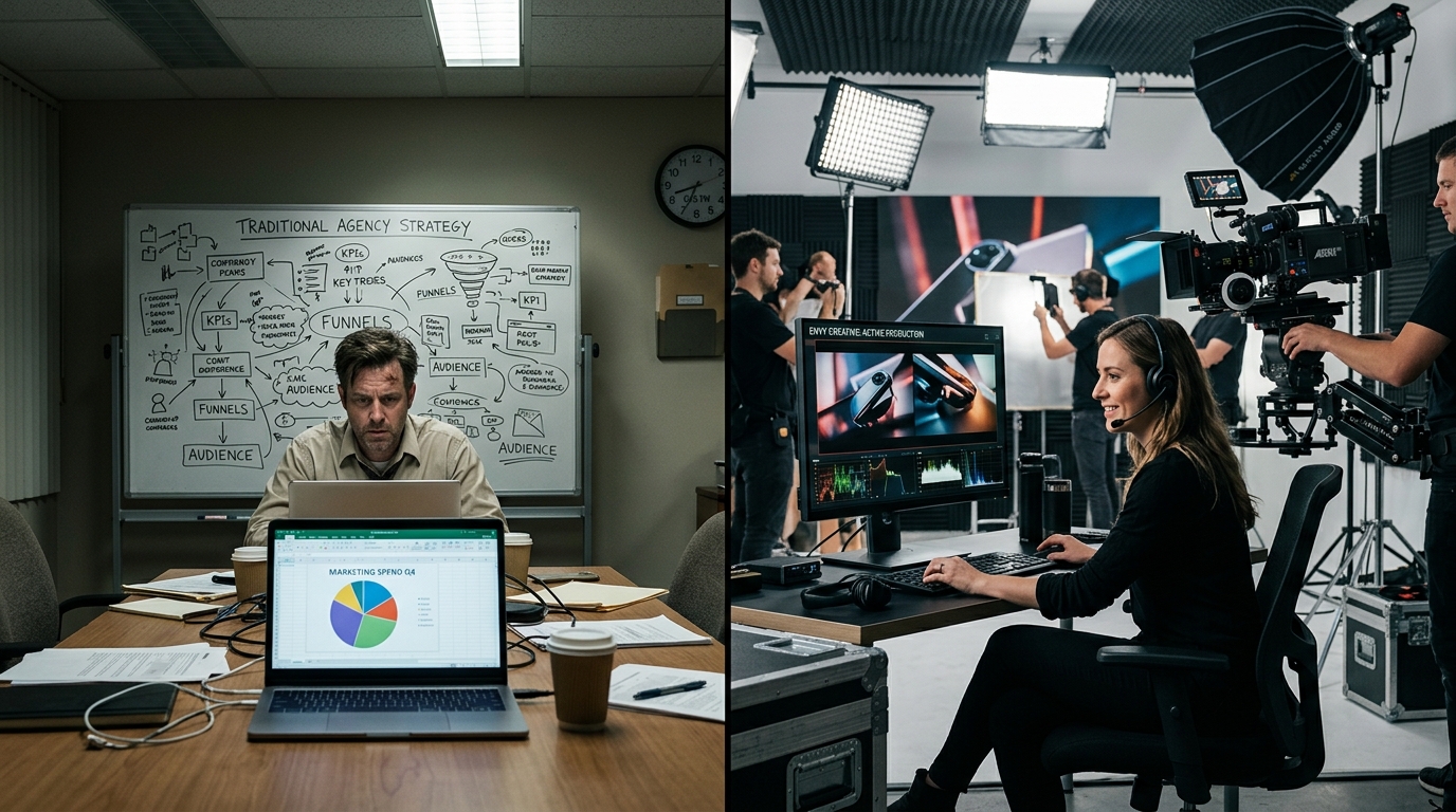 A split-screen comparison showing a traditional marketing agency on the left with a stressed executive in a boardroom, and Envy Creative's premium video production studio on the right with a professional camera crew and director on set.