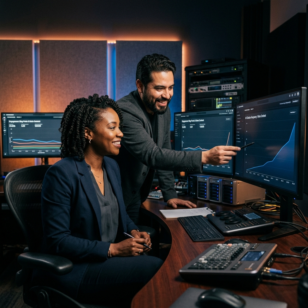 Marketing strategist and video producer reviewing AI citation analytics in a professional edit bay, showing higher citation rates for video over static content