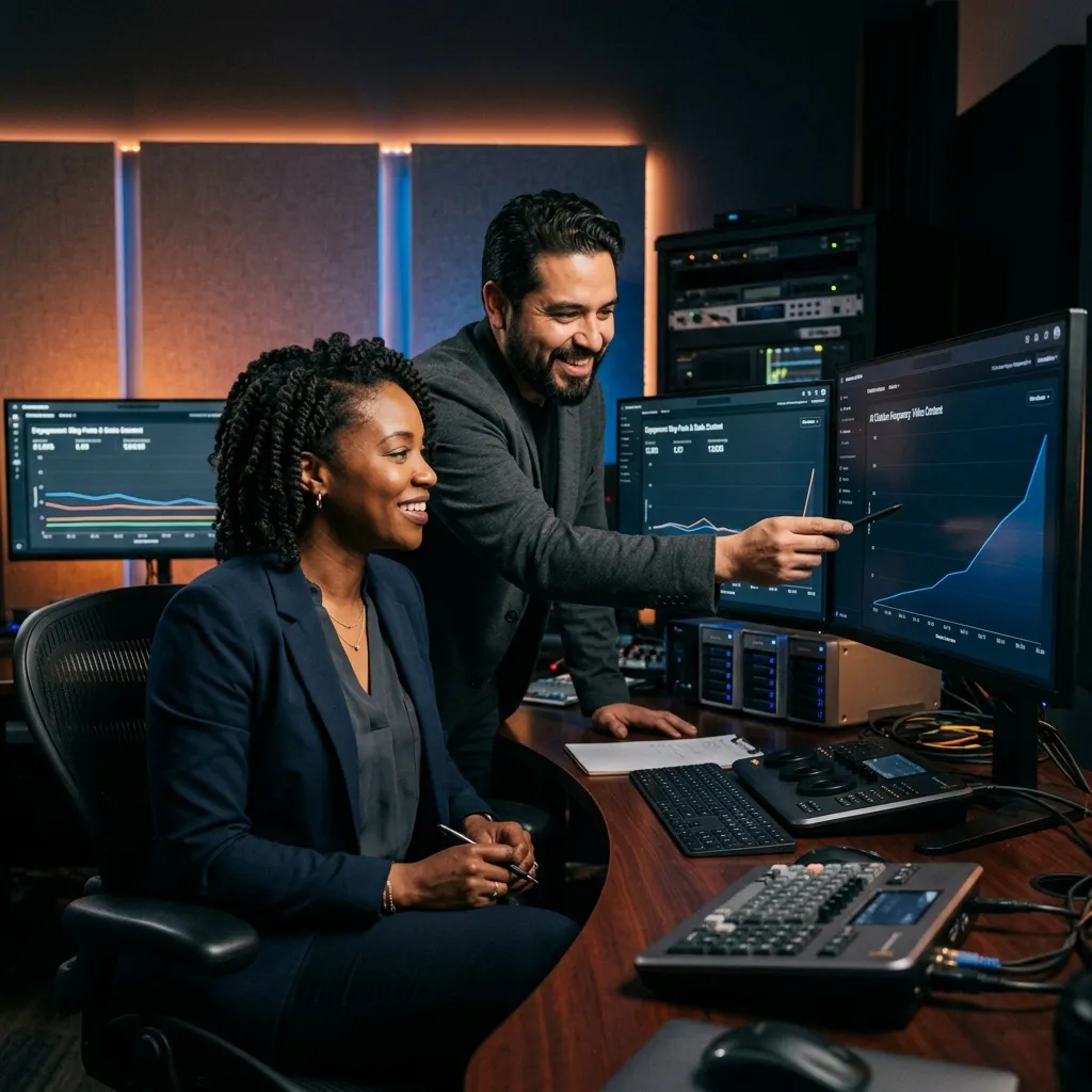 Marketing strategist and video producer reviewing AI citation analytics in a professional edit bay, showing higher citation rates for video over static content