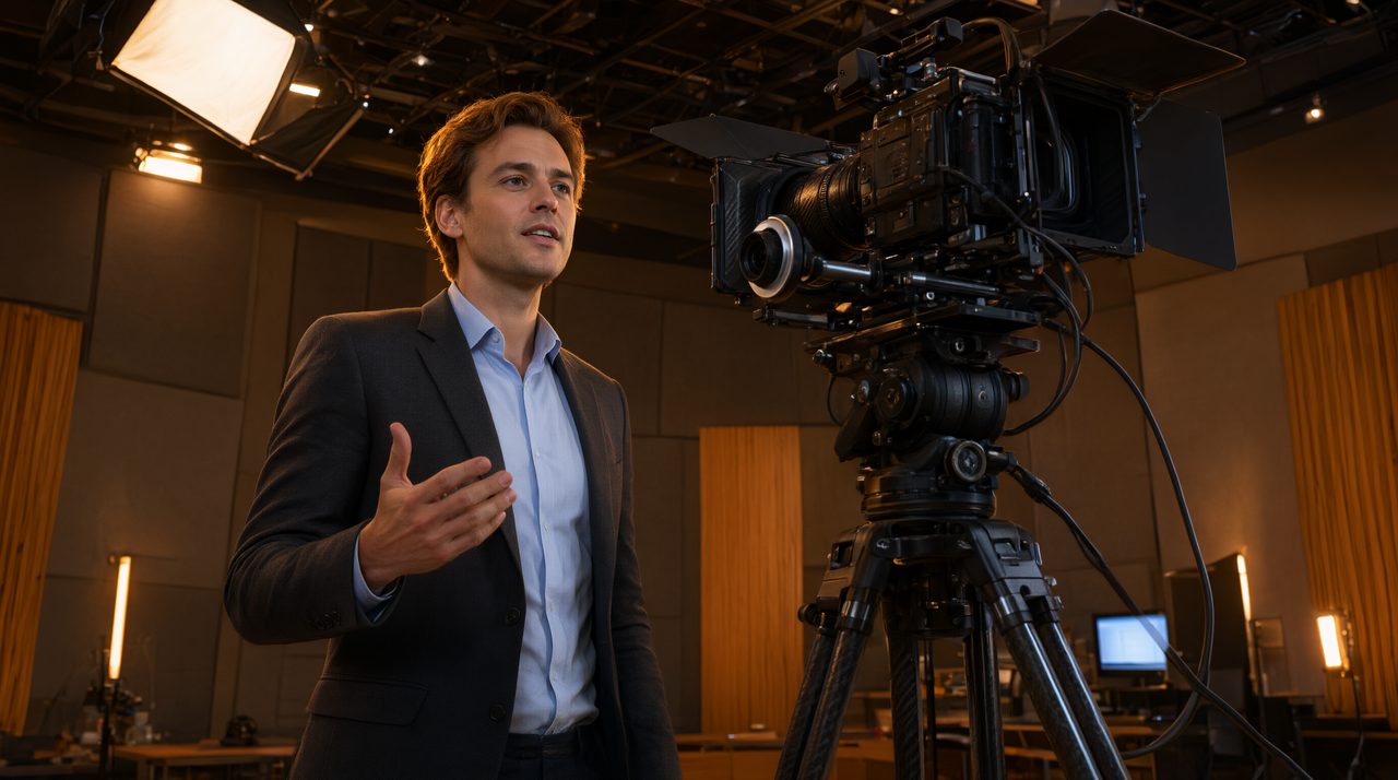 A presenter being filmed by a cinema camera in a warm professional video production studio.