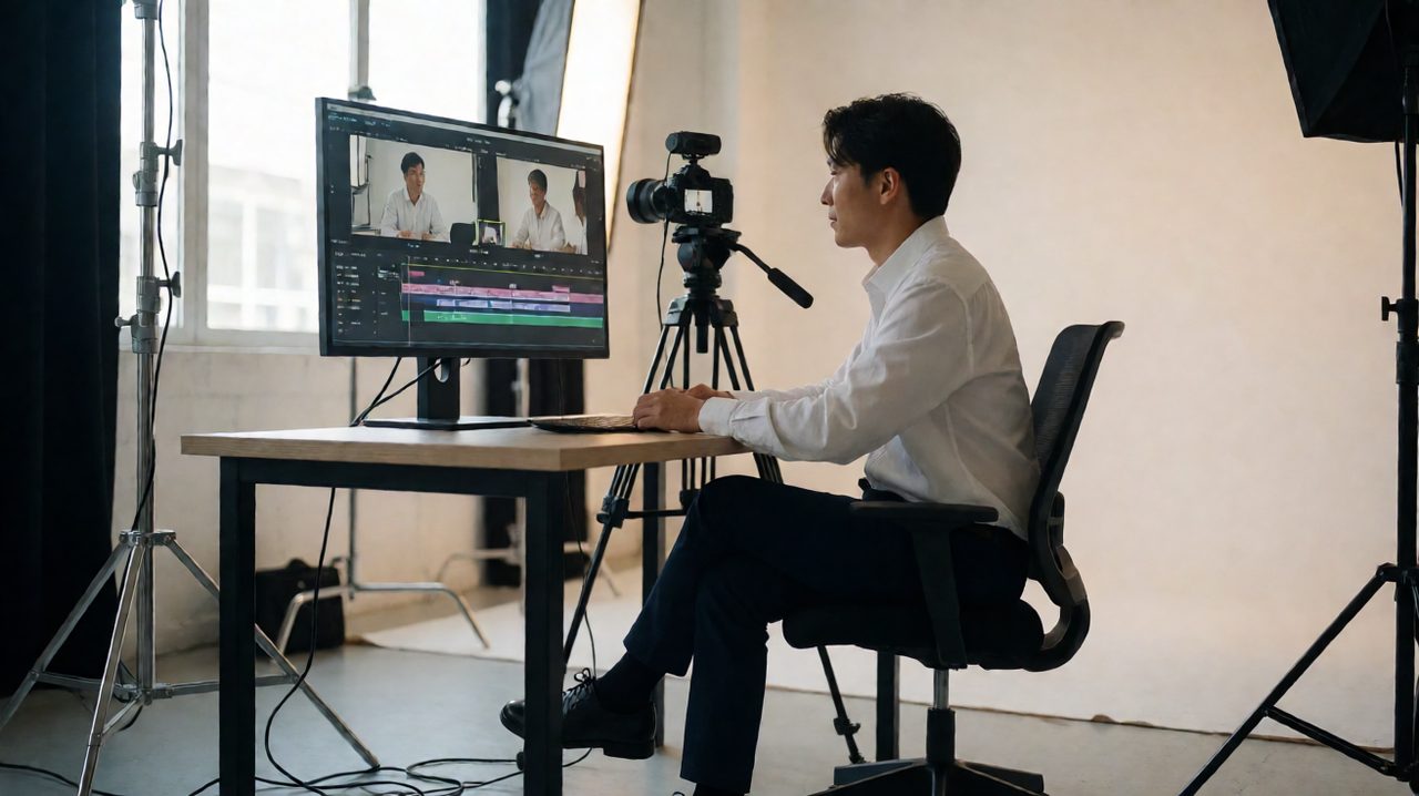 A director reviewing video footage on a monitor beside a camera on a tripod in a bright production studio.