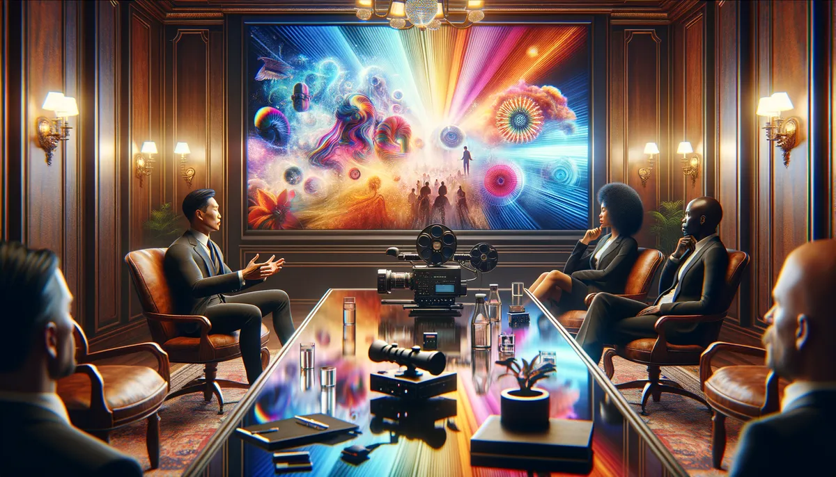 A group of professionals in a boardroom, engaged in discussion. They are seated around a long, reflective table with a film camera and various items like notebooks and glasses of water. A large, vibrant abstract artwork is displayed on the wall, featuring colorful cosmic and geometric imagery. The room is elegantly decorated with wood paneling and wall-mounted lights.
