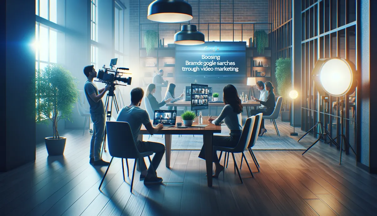 A modern office setting with a team of people working collaboratively. Two people are seated at a table with laptops, while others are gathered around another table. A camera operator is filming the scene. Large windows and indoor plants create a bright atmosphere. A screen displays text about video marketing strategies.