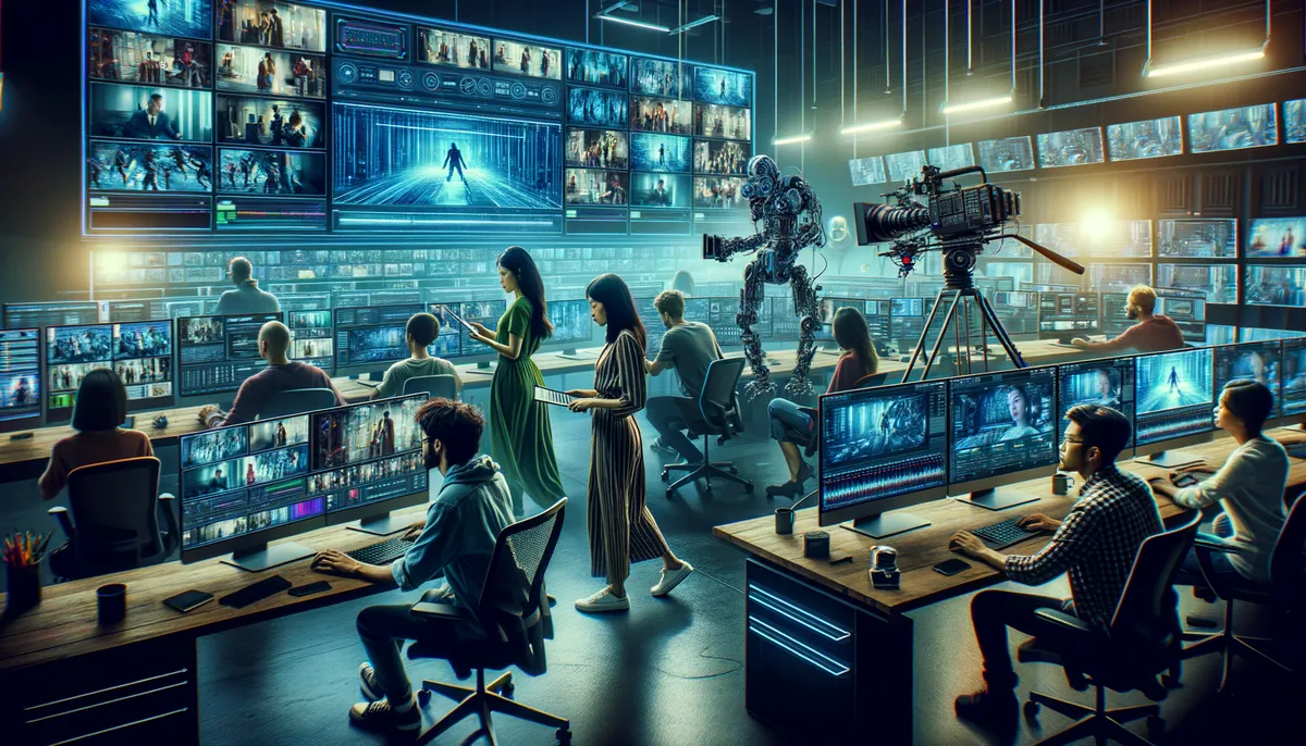 A futuristic editing studio with multiple people working at computer stations surrounded by large screens displaying various video clips. The room is filled with high-tech equipment, including a large camera on a tripod and a humanoid robot holding a tablet. Two individuals stand with tablets, overseeing the work. The atmosphere is a blend of advanced technology and creative collaboration.
