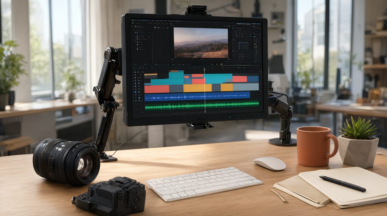 A video editing timeline on a monitor beside a camera lens on a bright creative studio desk.