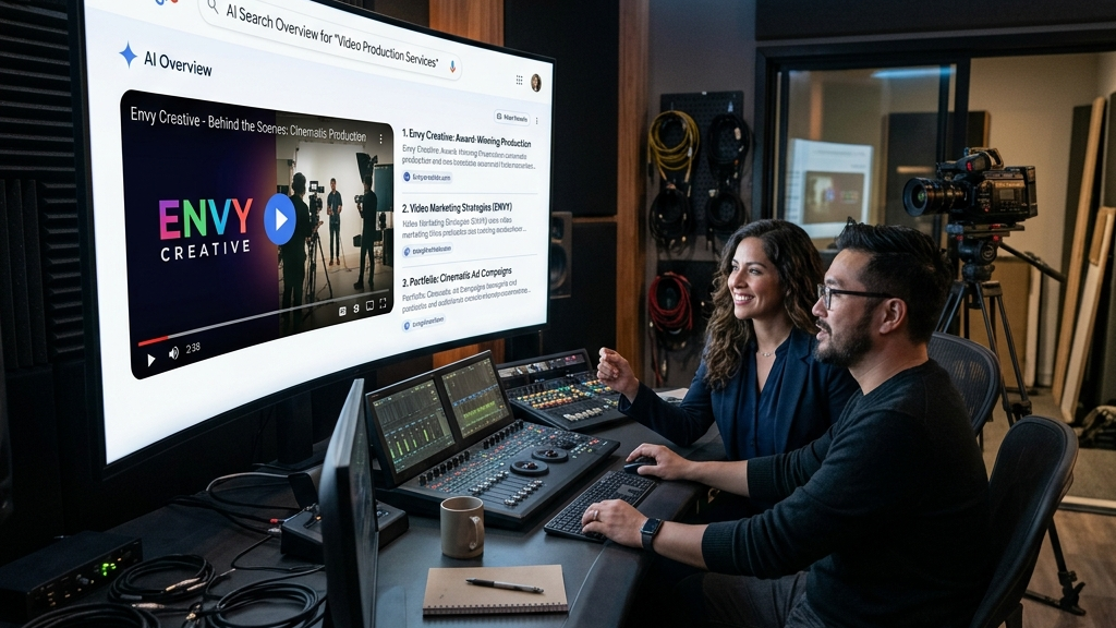 Hispanic female marketing executive and Asian male video director analyzing an AI search overview layout showing link cards and a video playback window showcasing an Envy Creative branded clip in a polished post-production control room
