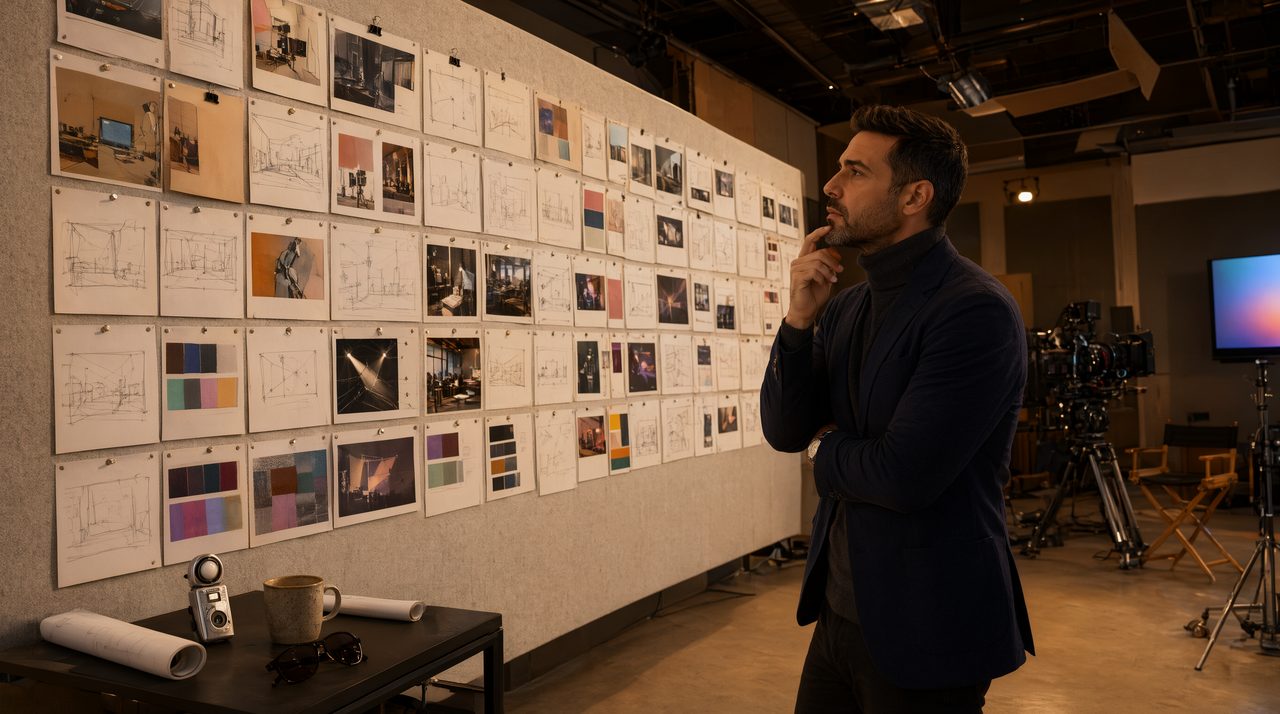 A creative director reviewing a video marketing strategy storyboard wall in a professional production studio with analytics on monitors.