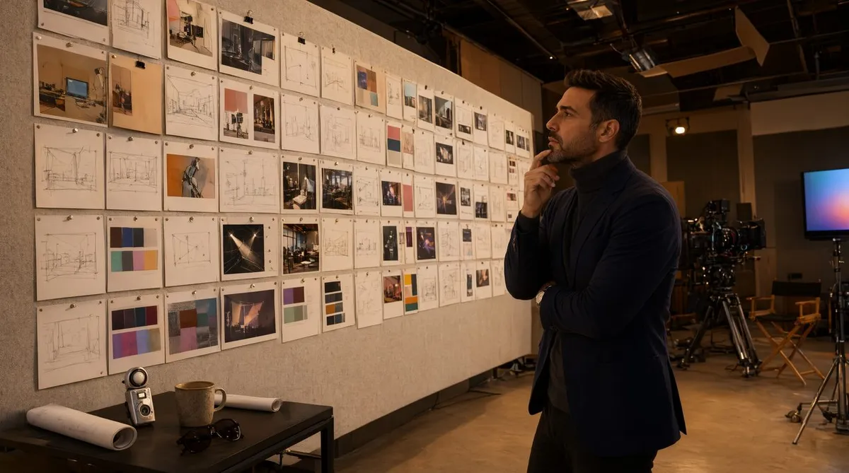 A creative director reviewing a video marketing strategy storyboard wall in a professional production studio with analytics on monitors.