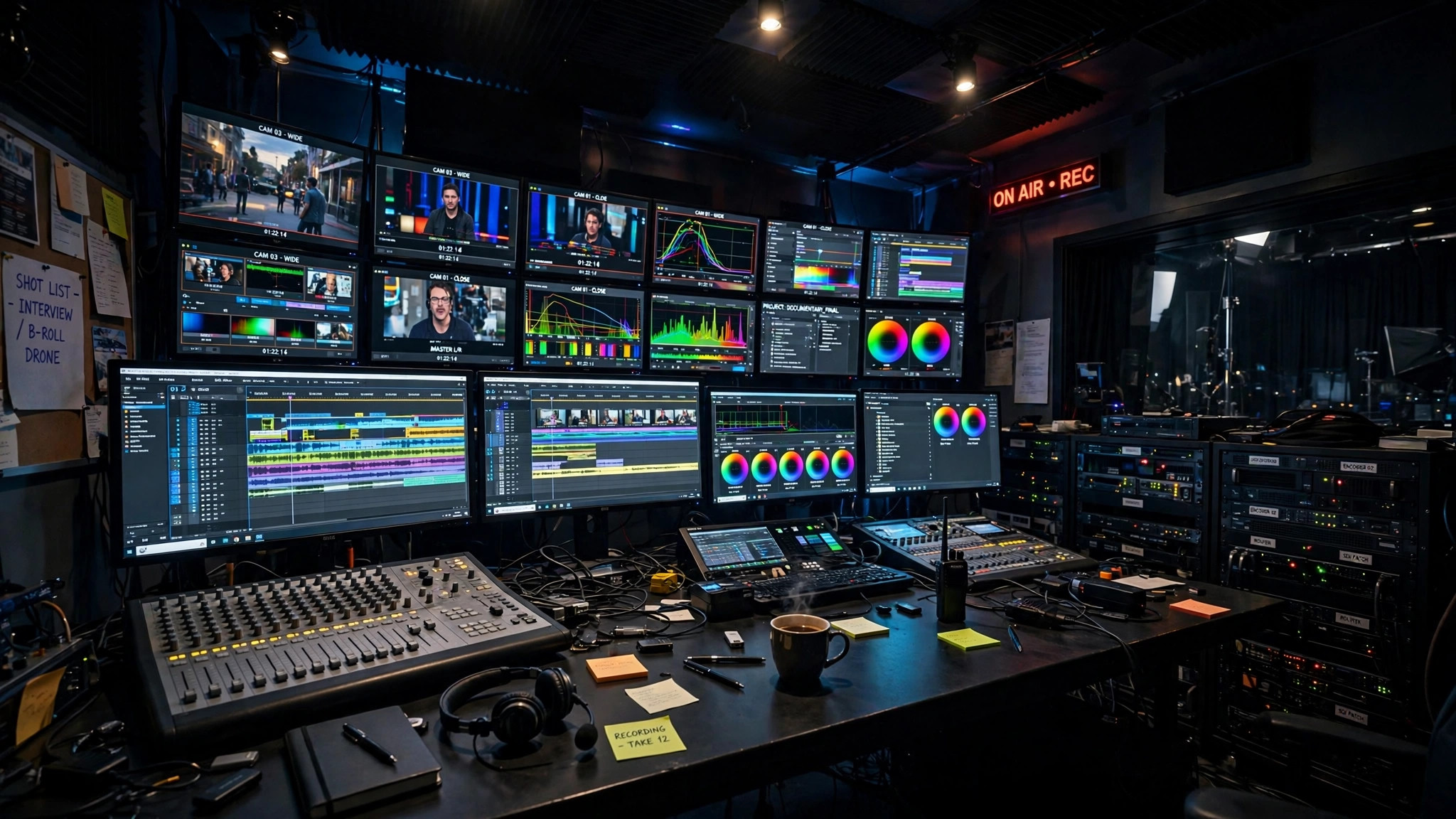 A cinematic video production control room with multiple monitors showing video timelines