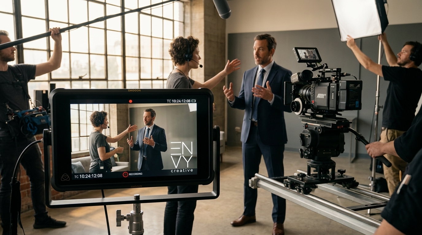 A cinematic high-end commercial shoot with a director and camera crew filming a B2B spokesperson, highlighting authentic human video production.
