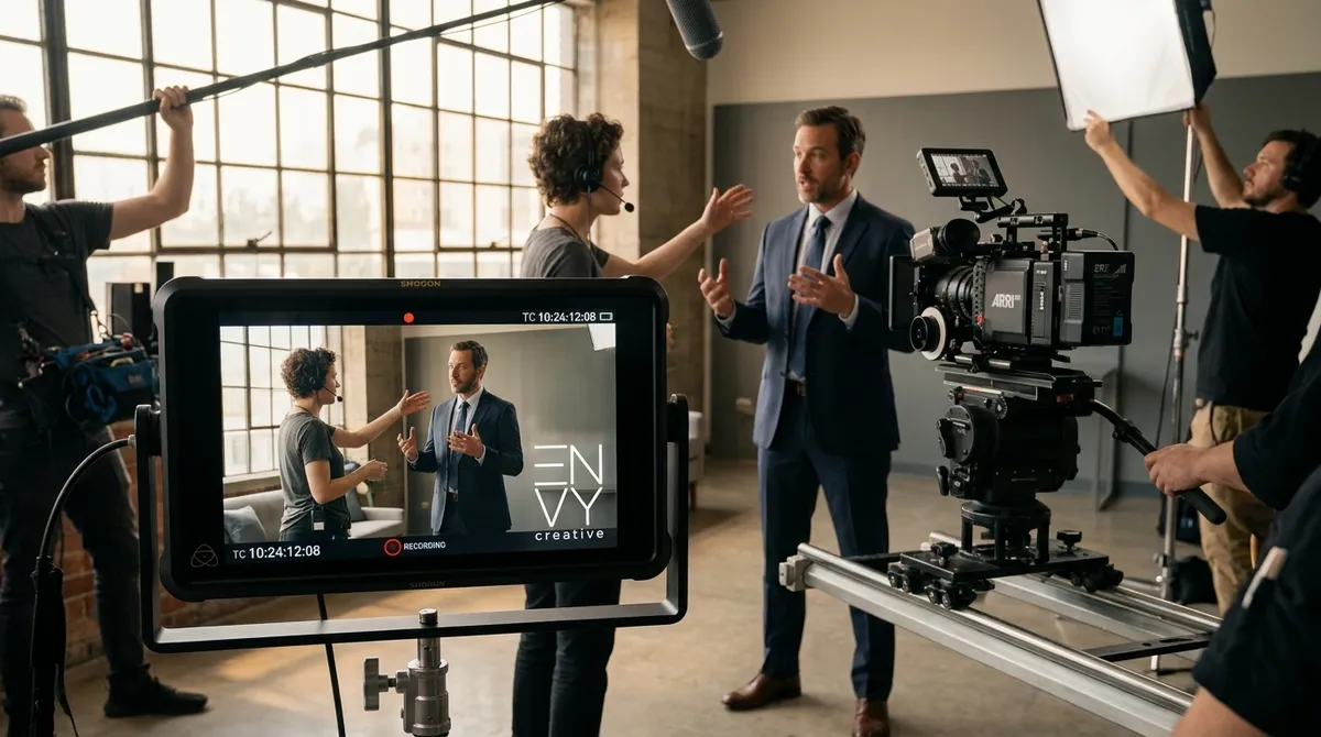 A cinematic high-end commercial shoot with a director and camera crew filming a B2B spokesperson, highlighting authentic human video production.