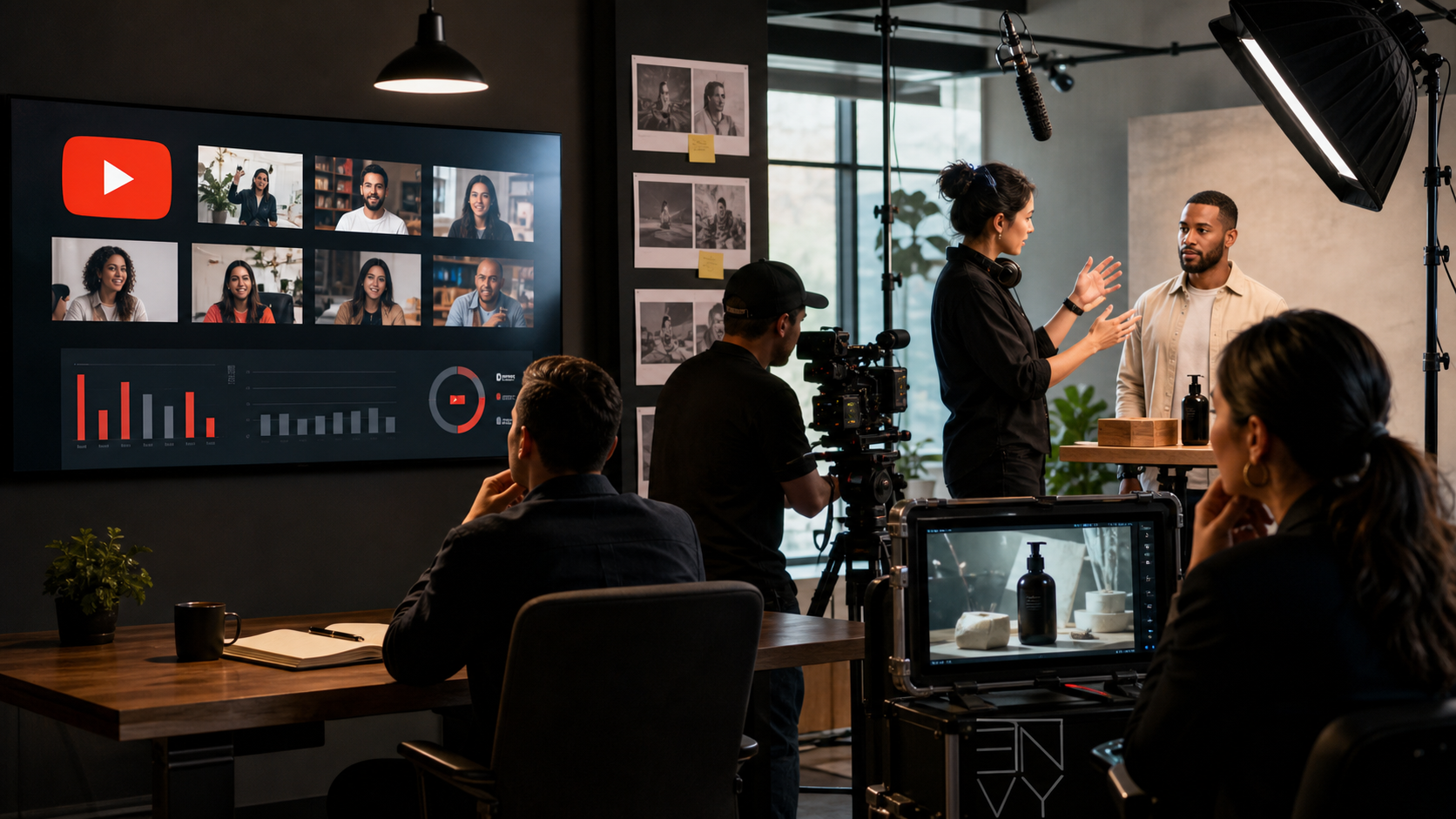 Envy Creative production team filming a brand video beside a YouTube-style growth analytics screen in a cinematic studio