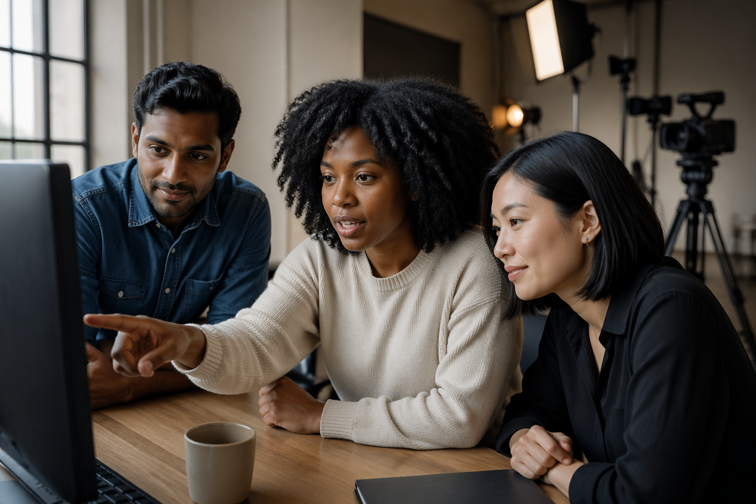 Diverse creative team reviewing YouTube analytics and video thumbnails on a studio monitor in a modern production space