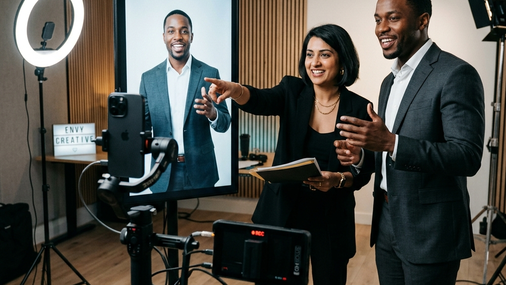 South Asian female director and Black male brand spokesperson reviewing a clean Shorts frame on a professional production monitor in a minimalist short-form video studio with ring lighting and a smartphone gimbal in the foreground