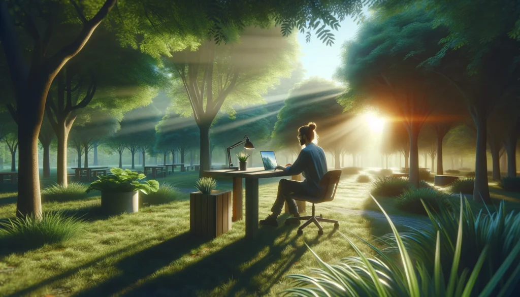 Person working on a laptop at a desk in a serene, sunlit forest setting.