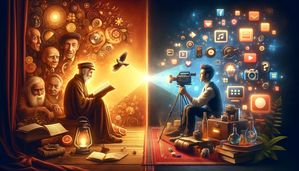 Contrasting eras of human knowledge and technology, with an ancient scholarly setting on the left and modern digital media on the right.