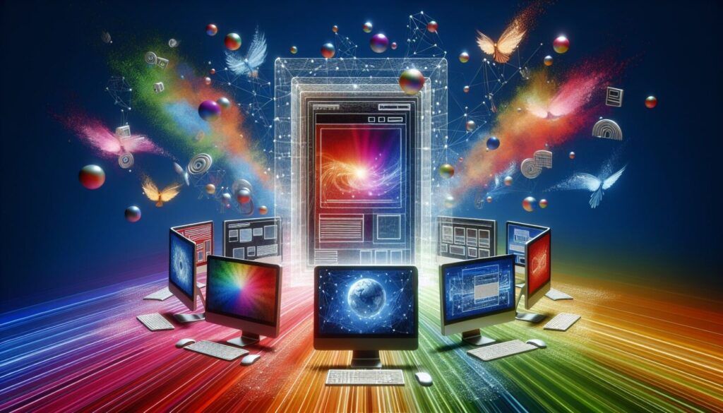 A group of computer screens displaying colorful images and graphs encircling a central holographic interface with vibrant digital elements and abstract patterns in the background.