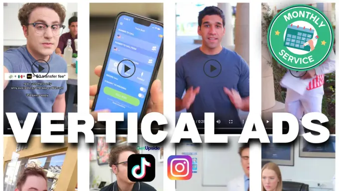 Collage of vertical ads including people talking, a smartphone screen display, TikTok and Instagram logos, and a monthly service badge.