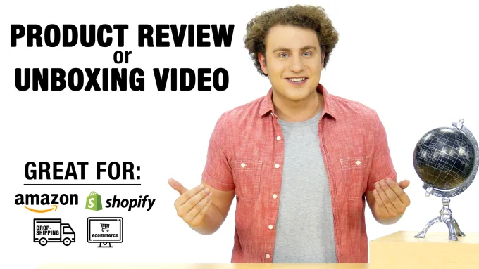 A person in a red shirt stands next to a globe, with text indicating a product review or unboxing video, suitable for platforms like Amazon, Shopify, dropshipping, and e-commerce.