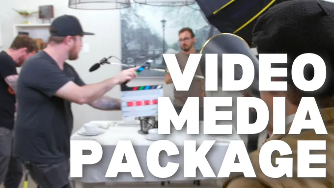 A group of people filming a video production with a clapperboard, boom mic, and camera equipment. Large text overlay reads "VIDEO MEDIA PACKAGE.