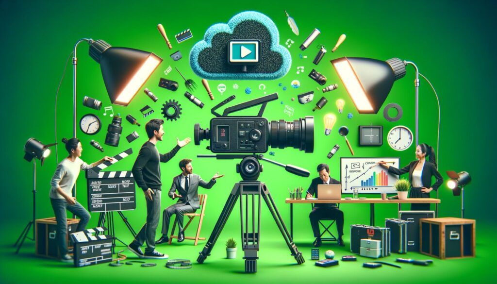 Film crew setting up equipment with a central camera, lights, and cloud icons against a green background, symbolizing digital video production and technology integration.