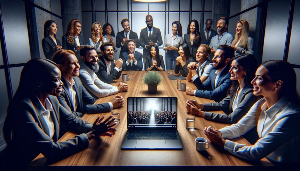 A group of people in business attire sit around a conference table, watching a presentation on a laptop displaying an auditorium audience.