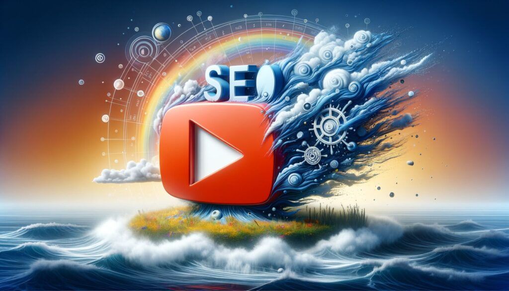 Abstract image of a red play button with "SEO" text, surrounded by waves, gears, and a rainbow against a sunrise background.