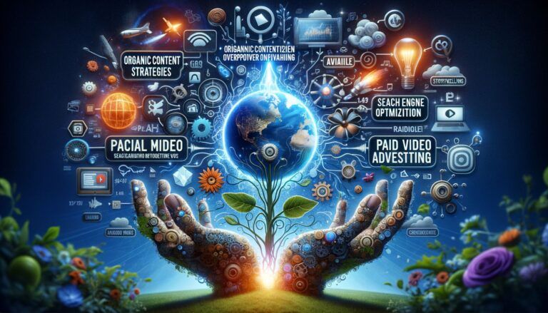 Hands holding a digital globe surrounded by icons representing digital marketing concepts like SEO, organic content strategies, and paid video advertising, with growing plants symbolizing growth.