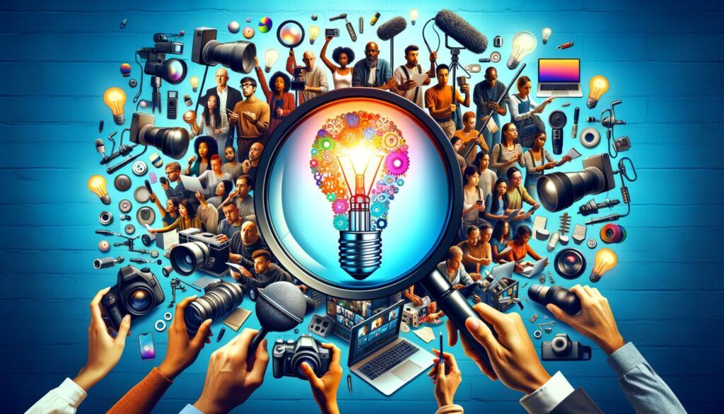 Collage of diverse people, cameras, microphones, and creative tools surrounding a colorful light bulb symbolizing ideas and innovation on a blue background.