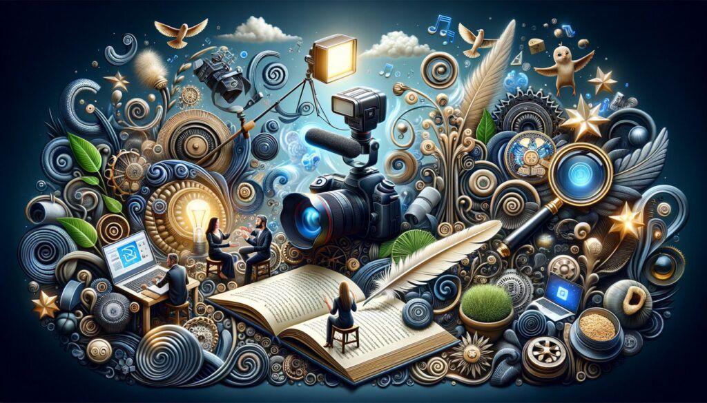 A surreal scene with a camera, an open book, musical notes, gears, and abstract elements. Small figures engage in creative activities surrounded by swirling patterns and symbolic objects.