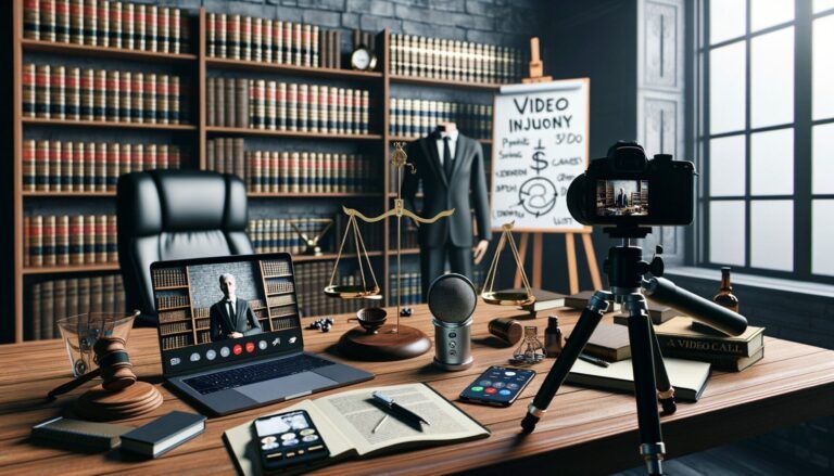 Legal-themed office with scales of justice, books, laptop on video call, microphone, camera, and tripod. A whiteboard reads “Video Inquiry” with a suit on display in the background.