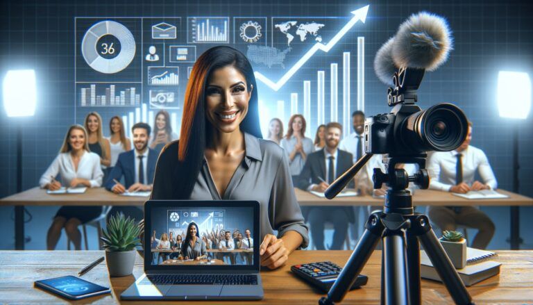 A woman presents in front of a camera and laptop, with an audience seated behind her. Graphs and charts are displayed on a screen in the background.