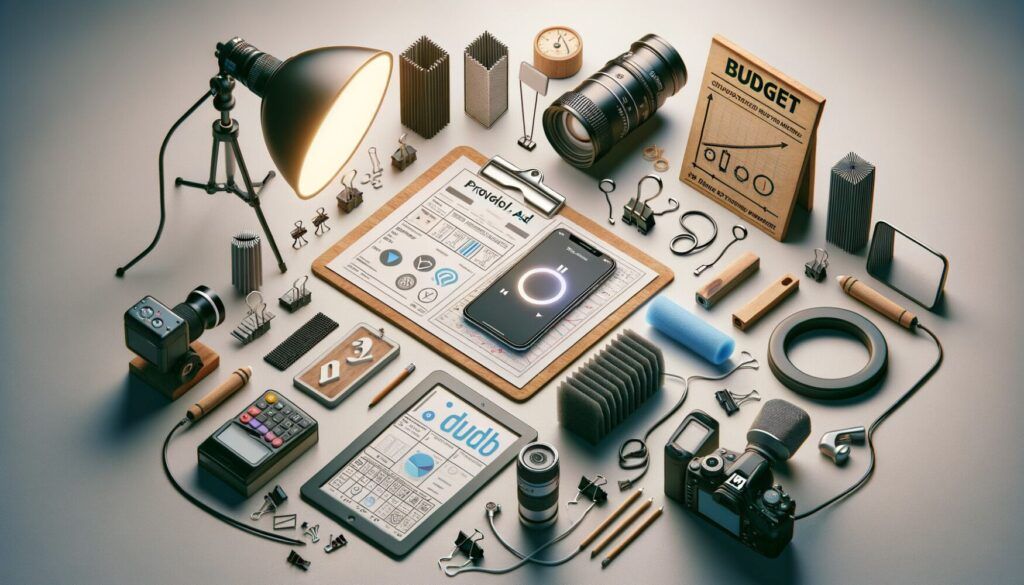 A flat lay of video production equipment and tools, including cameras, microphones, lenses, a tablet with graphs, and a budget folder.